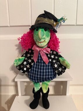 Green Witch Plush Doll with Pink Hair and Star Cape